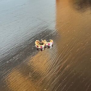 Gold Tone Hoop Earrings with Rubies